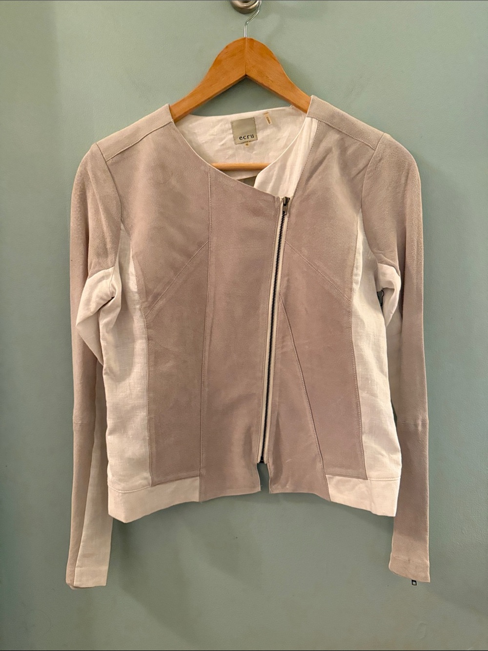 ecru Grey Suede and White Linen Asymmetrical Zip Jacket - XS - NWT